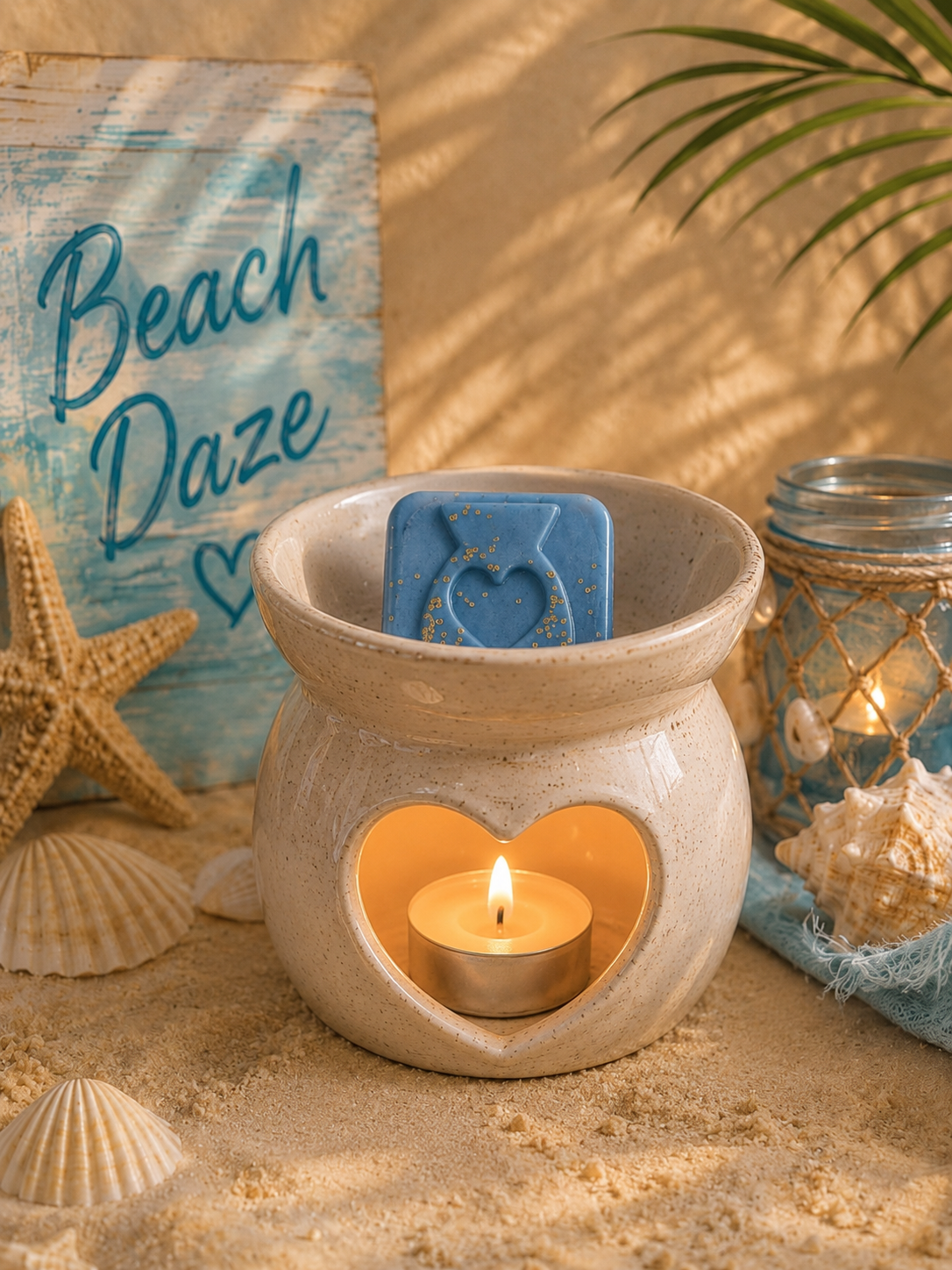 A ceramic wax warmer with a heart-shaped cutout sits on sand, lit with a small tealight candle inside. A blue soap bar with a heart design rests in the warmer.