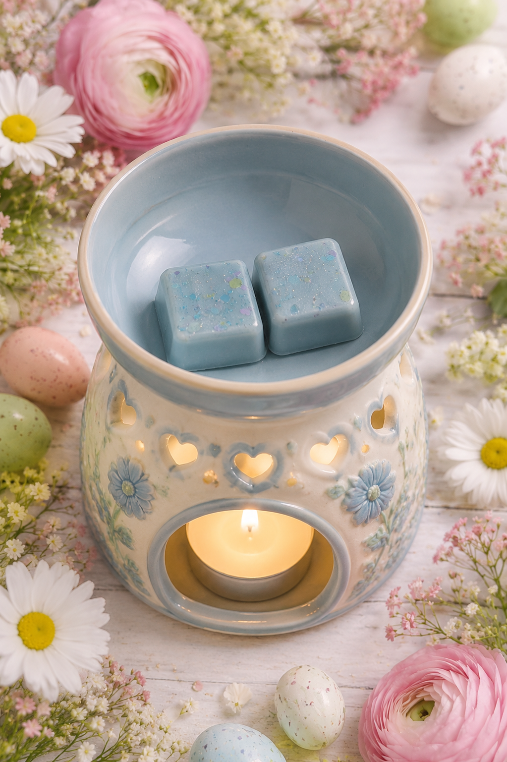 A ceramic wax warmer with a light blue interior and floral cutout details, holding two blue wax melts and a lit tea light candle, surrounded by pastel eggs, daisies, ranunculus, and baby's breath on a white wooden surface.