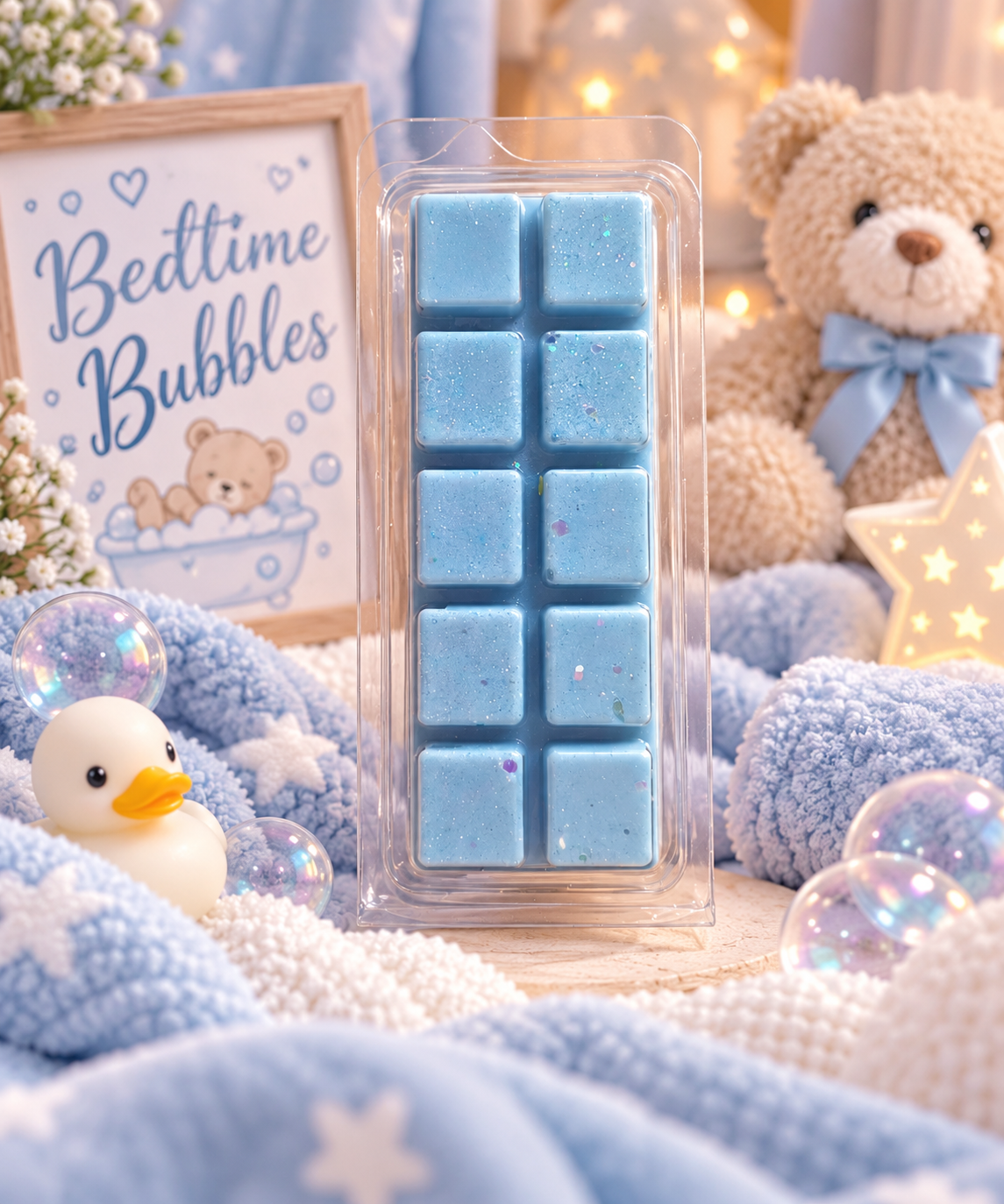 A packaged blue wax melt bar standing upright in a styled scene with a teddy bear, duck toy, bubbles, and soft blue textiles. The product is a rectangular bar of blue bath cubes in a clear plastic clamshell package.