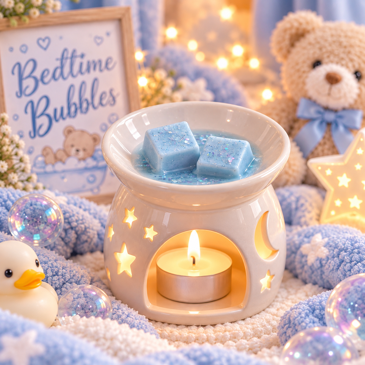 A ceramic wax warmer candle holder with a lit tealight and two blue glittery wax cubes in the bowl, styled with cozy bedtime-themed props including a teddy bear, rubber duck, bubbles, and a sign reading 'Bedtime Bubbles'.