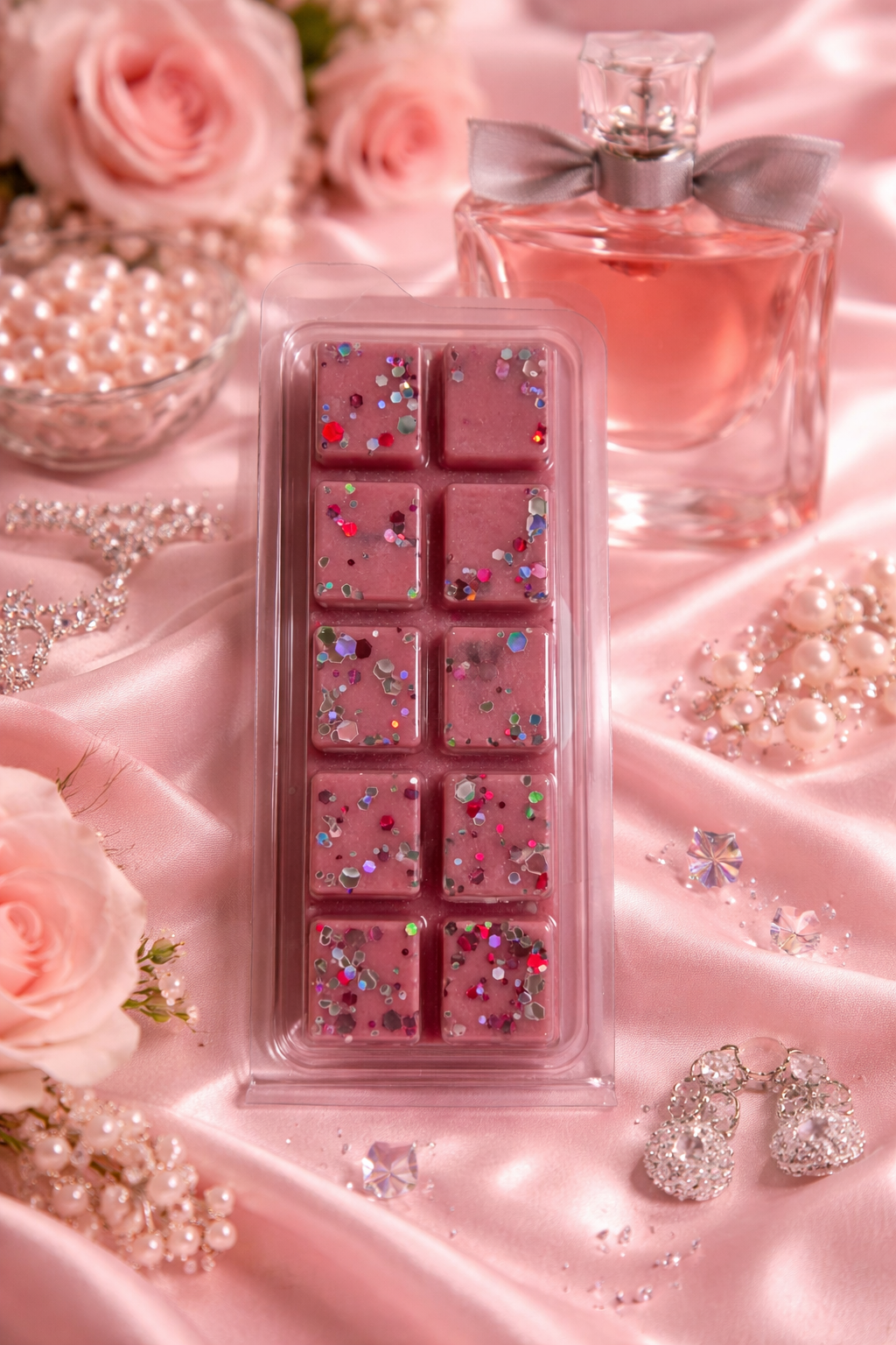 wax melts with rhinestones, perfume bottle, and jewelry on a pink satin background