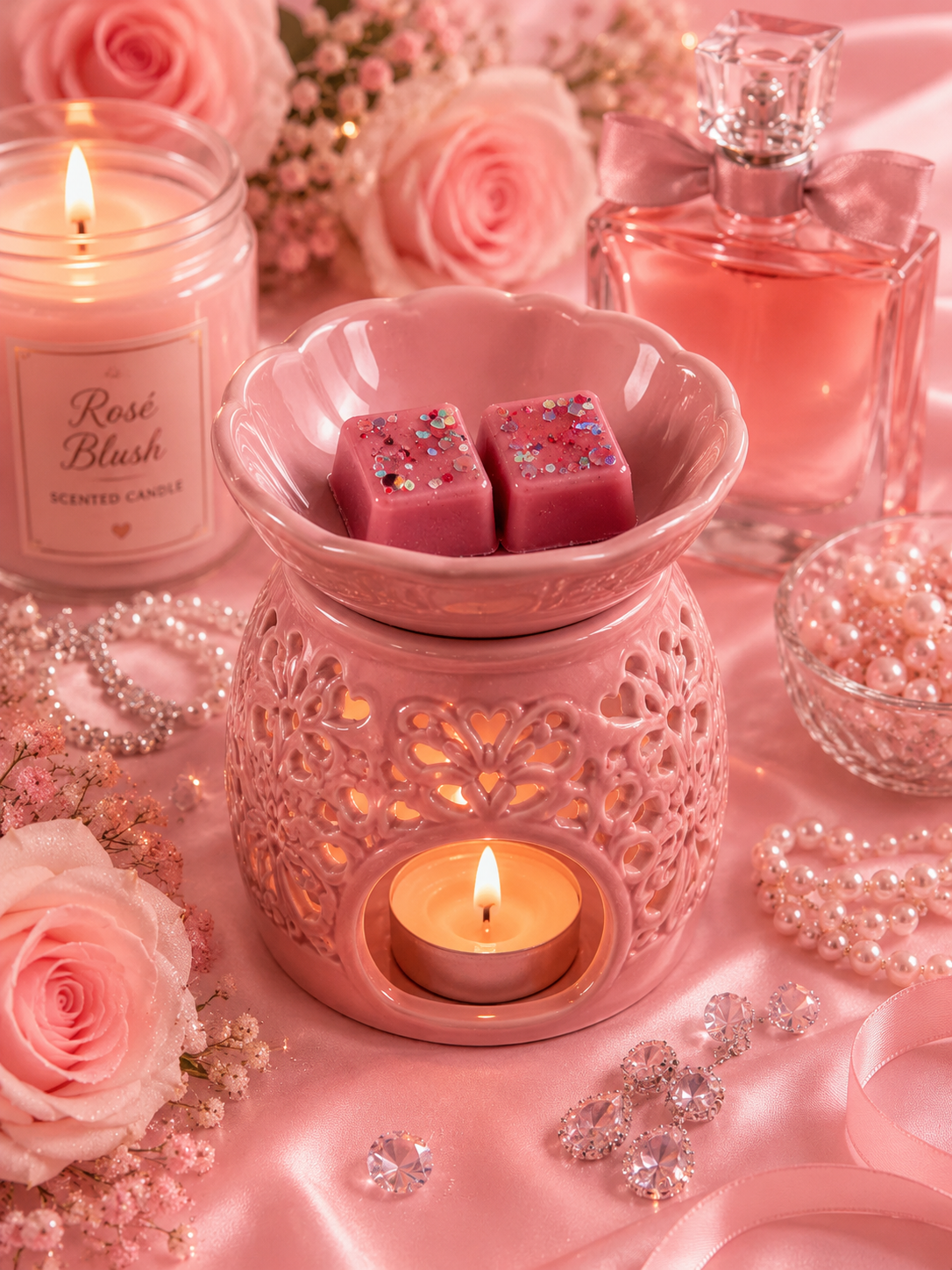 belle vie wax melts in burner surrounded by pink perfume, candles and decor.