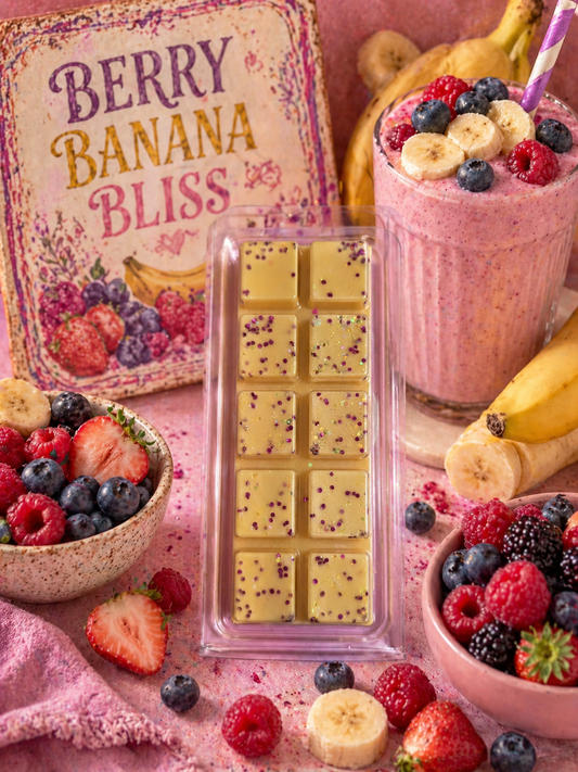 Berry Banana Bliss smoothie with a wax melt bar and fresh fruits.