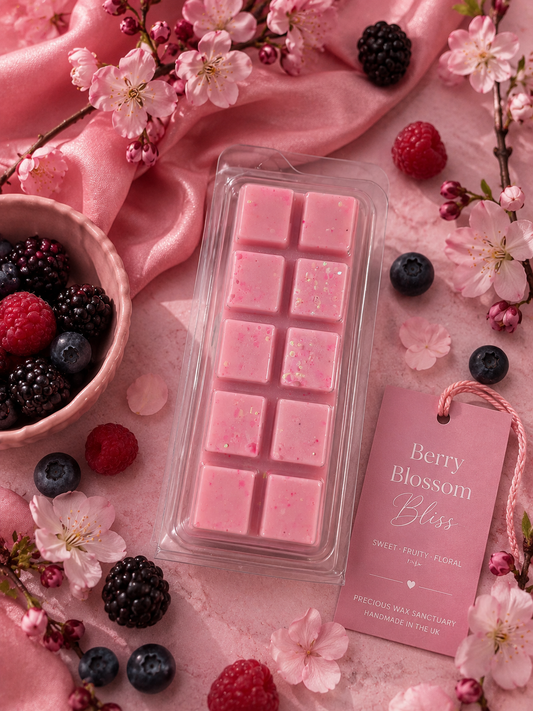 Pink wax melts in a clear plastic tray labeled 'Berry Blossom Bliss,' styled on a pink fabric surface with cherry blossoms, berries, and a small bowl of mixed berries.