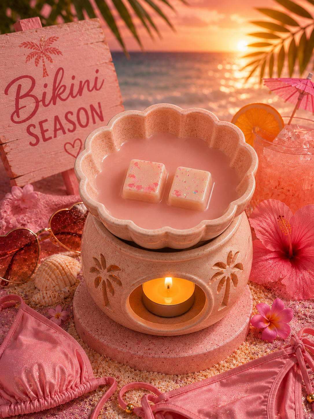 A pink wax melt warmer set on a sandy beach at sunset, surrounded by tropical props including hibiscus flowers, sunglasses, a bikini top, a cocktail glass, and a wooden sign reading 'Bikini Season'. The warmer contains two square wax cubes and a small lit candle sits in the front opening.