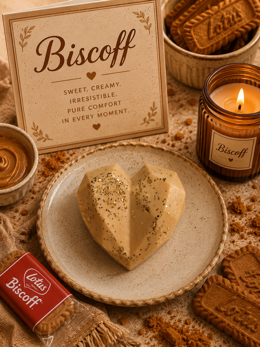 A heart-shaped wax melt sits on a speckled beige plate, surrounded by Biscoff-themed props including a Biscoff card, a lit Biscoff candle, a red Biscoff cookie packet, and Biscoff cookies on a burlap-textured surface.