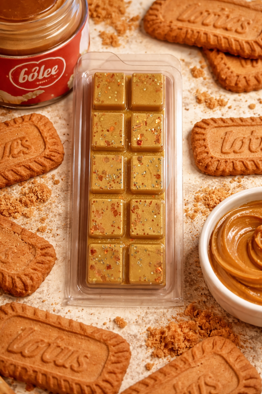 biscoff wax melt bar with a bowl of peanut butter and cookies on a textured surface