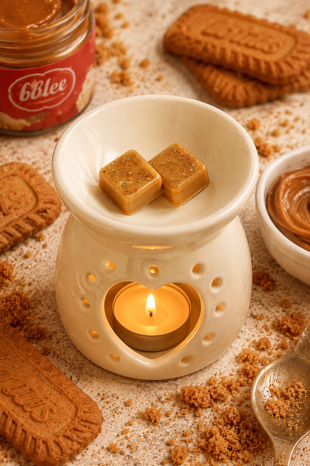 biscoff wax melts in burner with matching background.