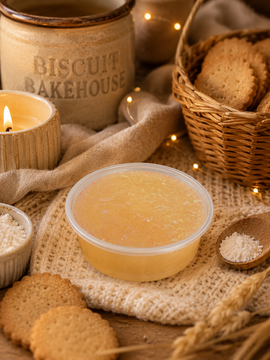 A clear tub filled with pale golden gel wax sits on a knitted beige cloth, surrounded by cookies, a wicker basket, a ceramic 'Biscuit Bakehouse' jar, a lit candle, and a small wooden spoon of coarse salt in a warm styled setting.