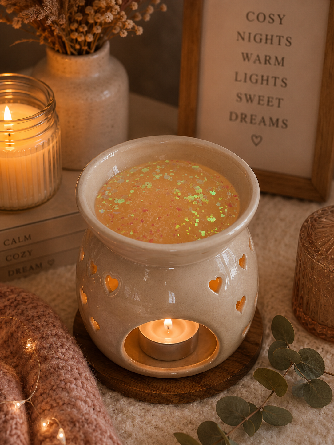 A ceramic wax warmer with heart-shaped cutouts sits on a wooden base, lit with a small tea light candle inside. The warmer contains a warm yellow-orange gel wax with floating glitter.