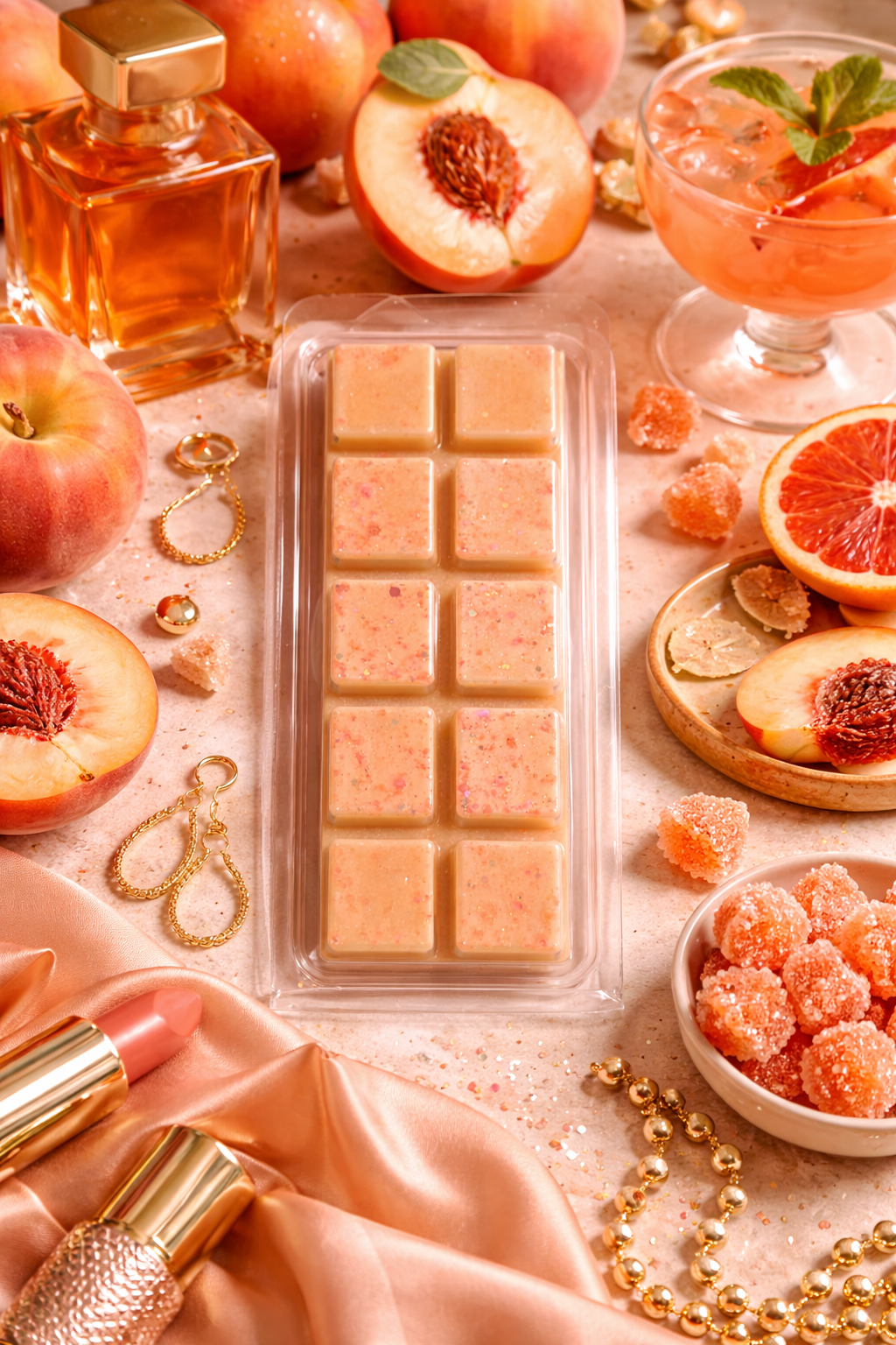 Packaged peach-flavored wax melts with peaches, a glass of pink drink, and lipsticks on a decorative surface.