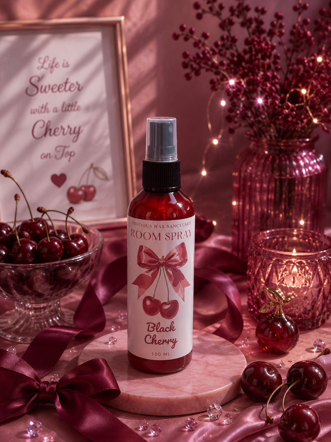 Room spray bottle labeled 'Black Cherry' on a decorative table with cherries and candles.