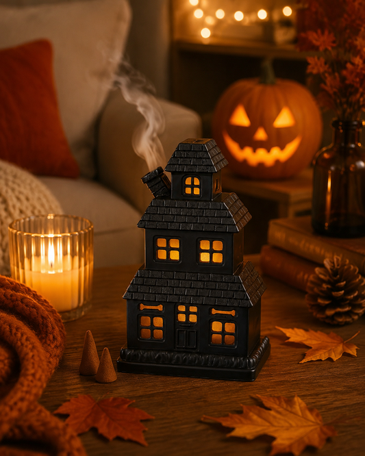 Black haunted incense burner in cosy autumn home