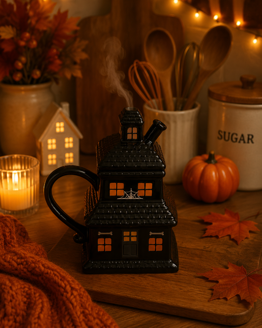 Hauntef house mug in kitchen with cosy autumn background.