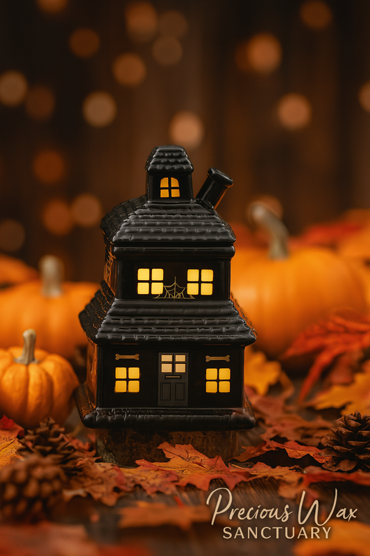 Black house-shaped lantern with glowing lights, surrounded by pumpkins and autumn leaves on a blurred background.