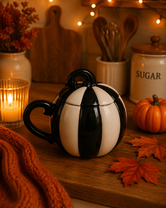 A black and white striped ceramic pumpkin-shaped mug with a lid, styled on a wooden table with autumn props including a small pumpkin, fall leaves, a candle, and kitchen utensils in the background.