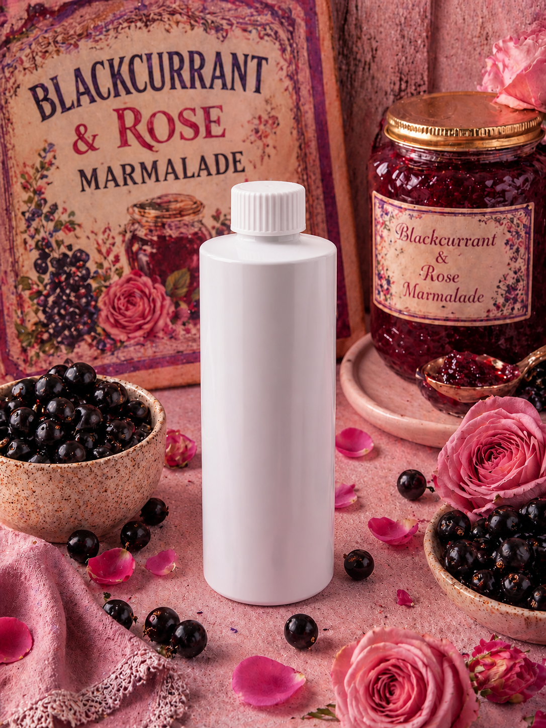 Reed diffuser refill White bottle on a pink surface with blackcurrants, roses, and marmalade jar in the background.