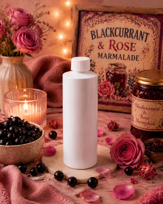 A reed diffuser refill white plastic bottle of Blackcurrant & Rose Marmalade stands on a wooden board in a styled tabletop scene. A branded jar of marmalade, pink roses, blackcurrants, a lit candle, and a sign reading 'Blackcurrant & Rose Marmalade' are arranged around it on a rustic wooden surface with pink fabric and scattered petals.