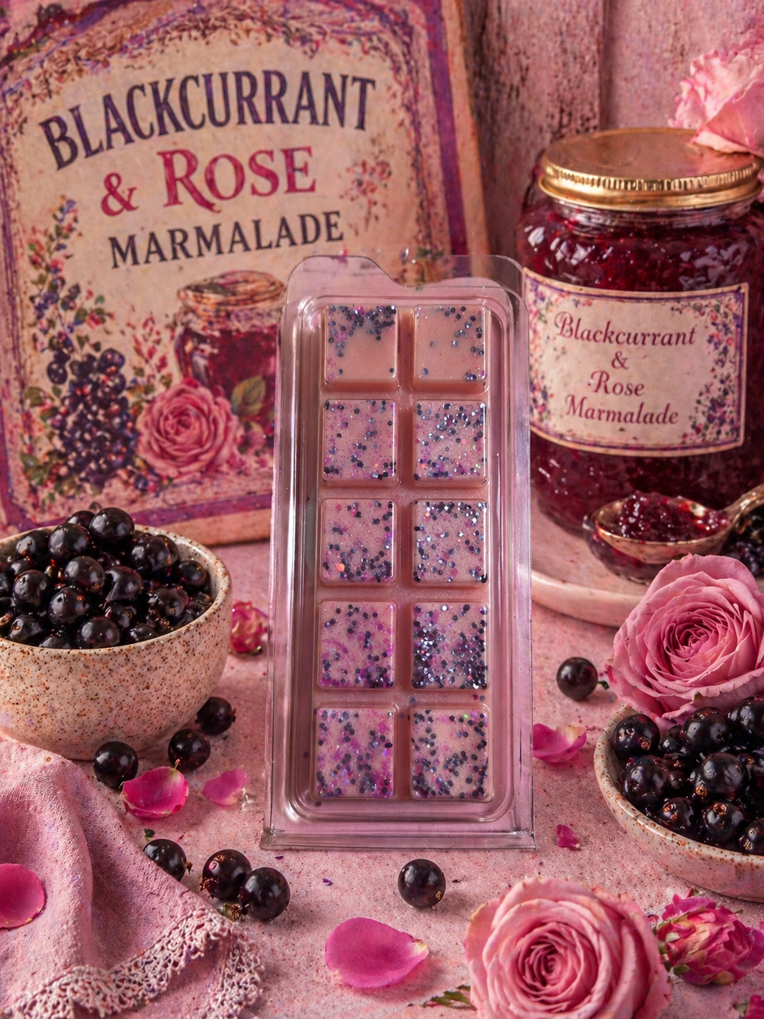 Blackcurrant & Rose Marmalade wax melts with blackcurrants on a pink background