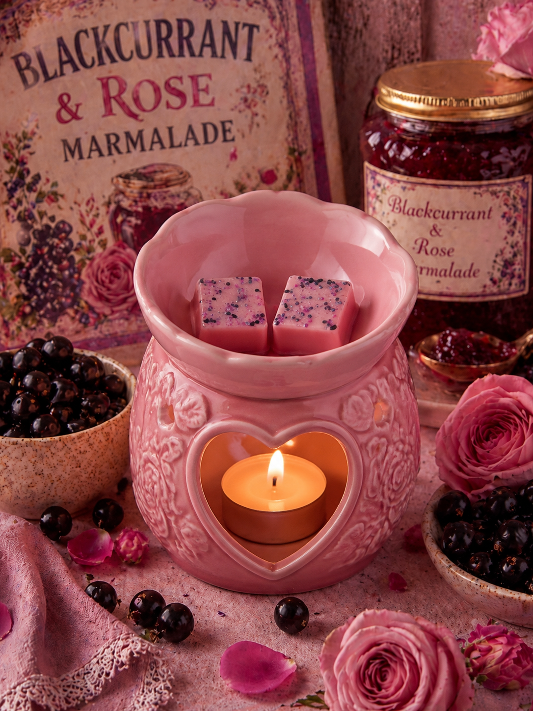 A pink ceramic heart-shaped wax warmer with a lit tealight candle inside with wax melts, surrounded by pink roses, blackcurrants, and jars of Blackcurrant & Rose Marmalade on a pink fabric surface.