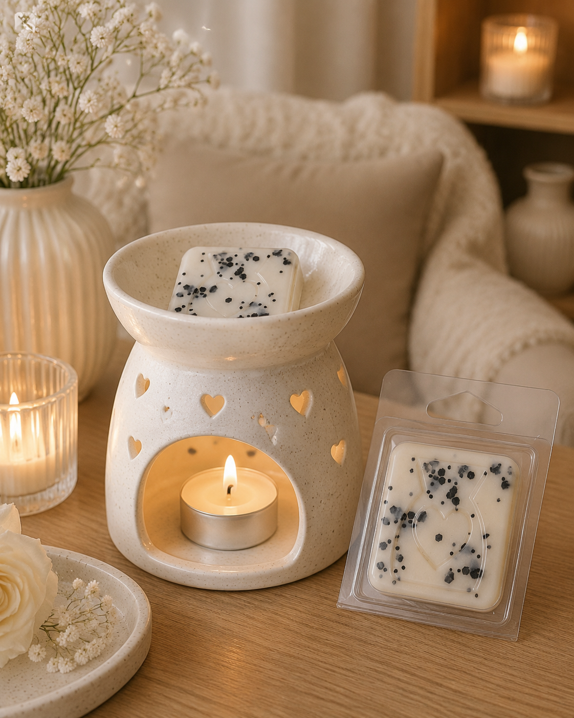 A ceramic wax warmer with a lit tea light candle inside, next to a packaged wax melt with black speckles, styled on a wooden table with warm ambient lighting and decorative flowers in the background.