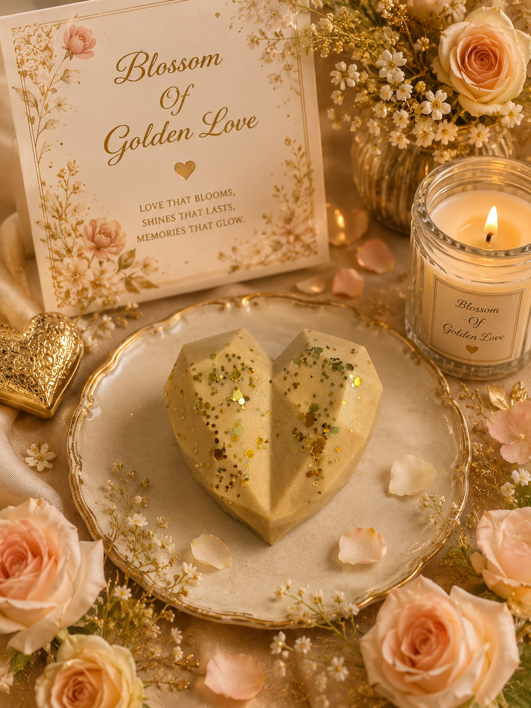 A heart-shaped beige wax melt with green and gold glitter sits on a gold-rimmed plate, surrounded by pink roses, baby's breath, a lit candle, and a card reading 'Blossom of Golden Love'.