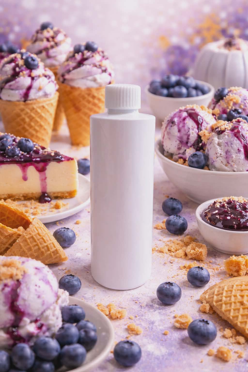 Blueberry cheesecake ice cream reed diffuser refill White bottle with a purple label surrounded by blueberry desserts and ice cream.