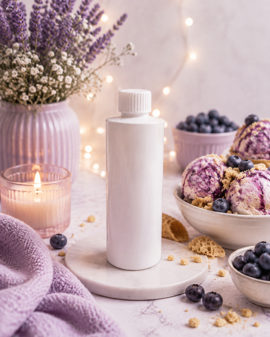 Reed diffuser refill scented in blueberry cheesecake ice cream in home surrounded by matching decor.