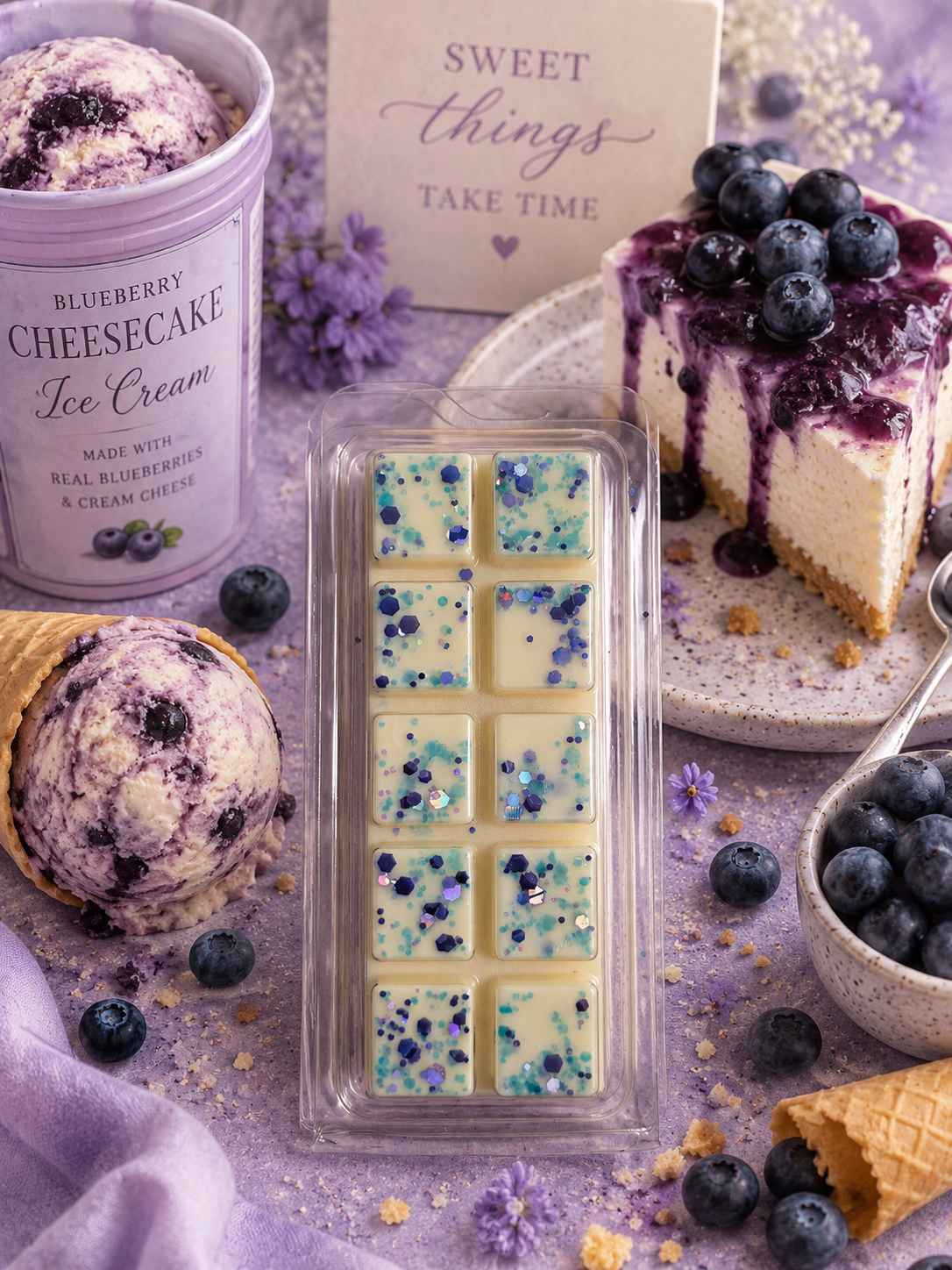 Blueberry cheesecake ice cream wax melt, ice cream bars, and a slice of cheesecake with blueberries on a decorative surface.