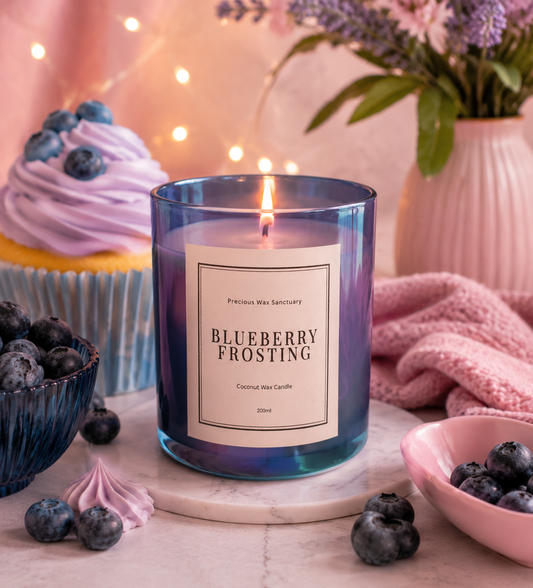 A lit scented candle in a translucent blue-purple glass jar sits on a marble coaster, surrounded by blueberries, a pink towel, and a cupcake in a softly styled indoor setting. The front label reads 'Precious Wax Sanctuary' and 'BLUEBERRY FROSTING'.