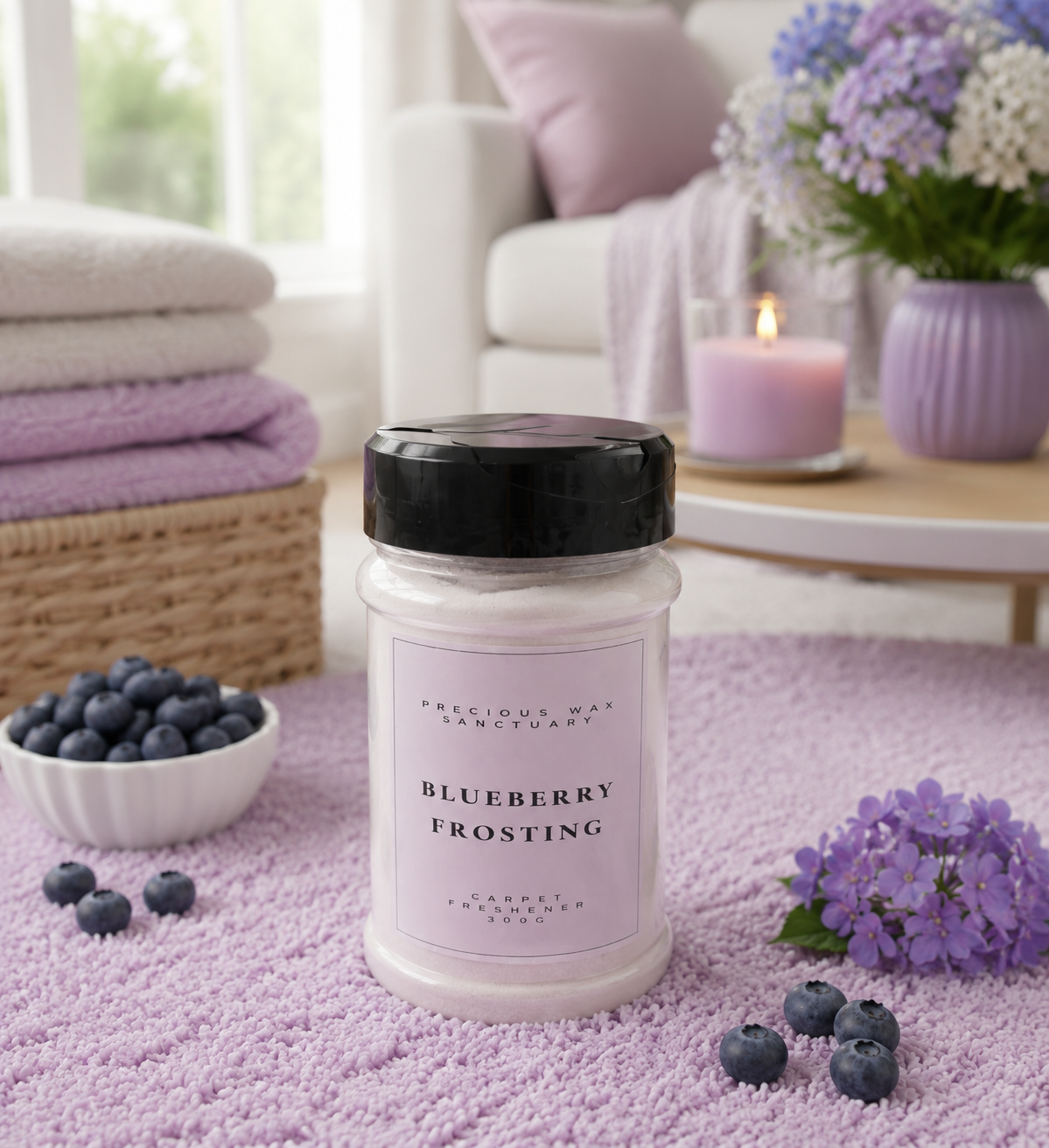 A jar of Blueberry Frosting carpet freshener sits on a lavender blanket in a cozy, softly lit room. The jar has a black lid and a pale pink label.