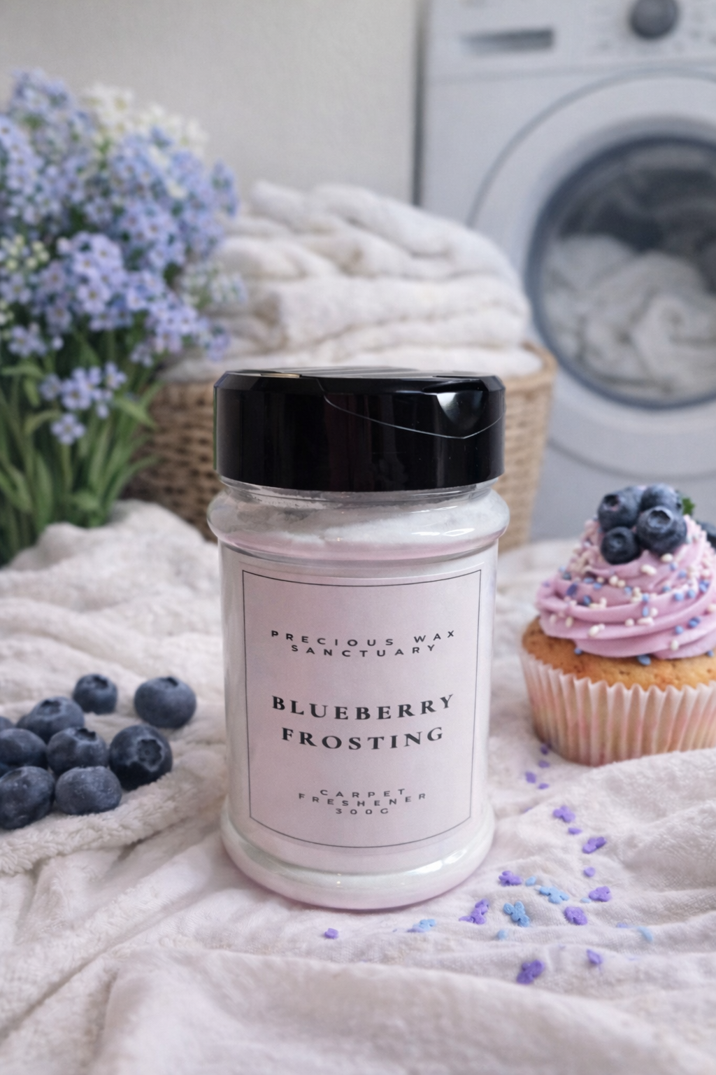 Jar of blueberry frosting carpet freshener with blueberries and a cupcake on a soft surface.