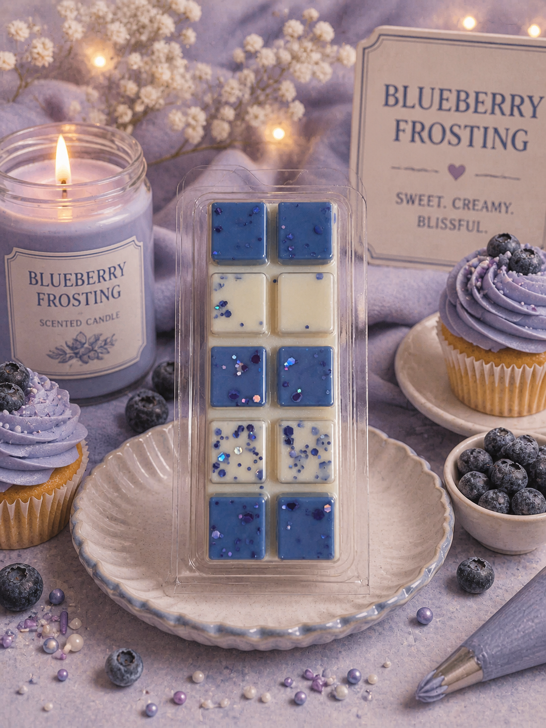 Blueberry frosting scented wax melts with a lit candle and cupcakes in the background.