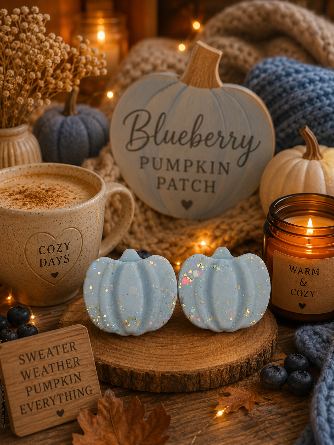 Two small light blue glittery pumpkin-shaped wax melts displayed on a wooden slice in a cozy autumn-themed setting with a hot cocoa mug, candles, knit blankets, and a sign reading 'Blueberry Pumpkin Patch'.