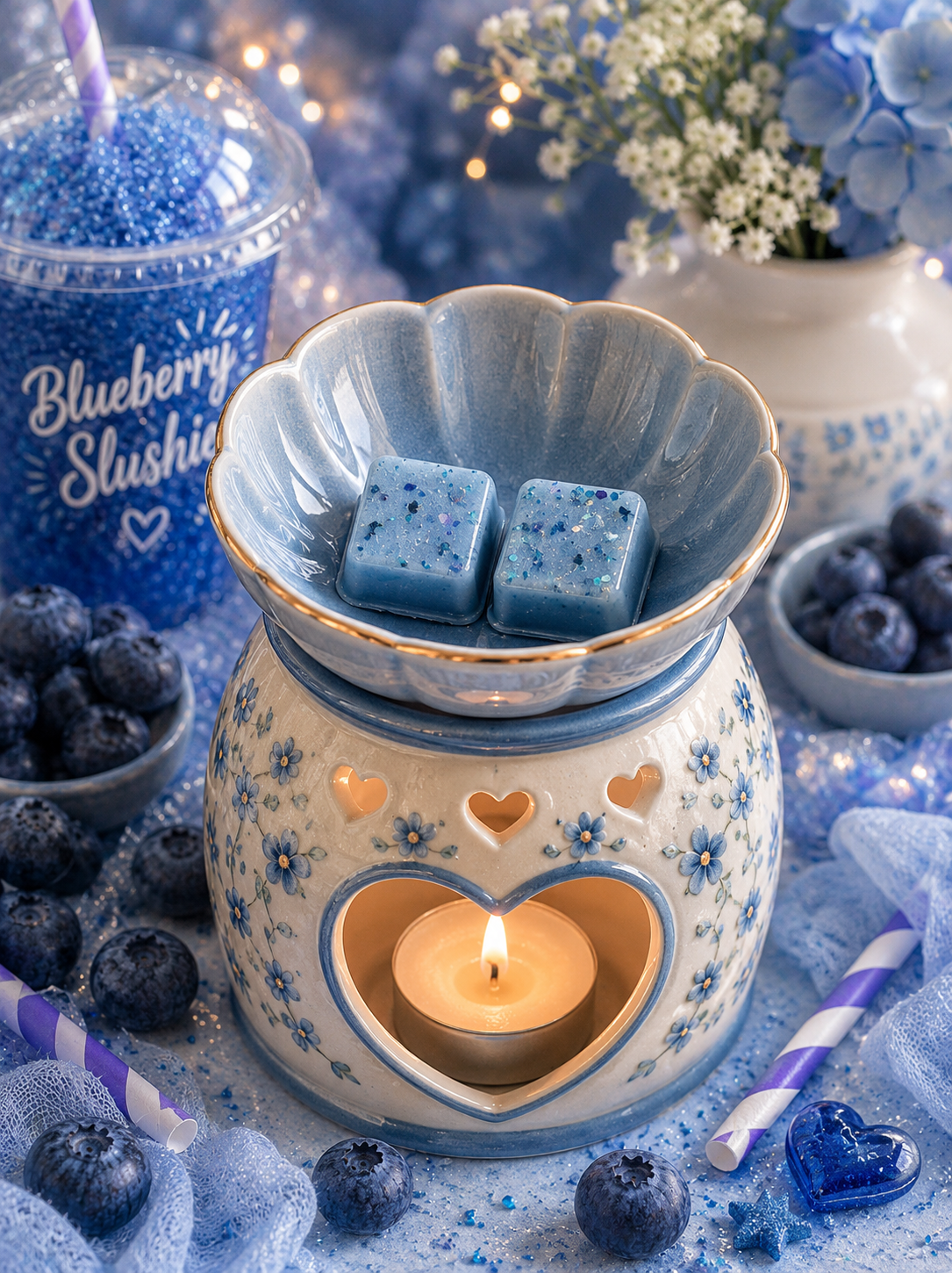 Blueberry slush wax melts in burner with matching background theme. 