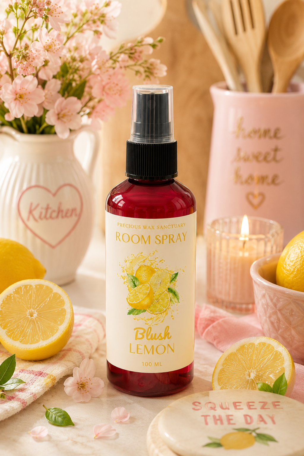 A bottle of Blush Lemon room spray stands centered on a styled tabletop with pink flowers, lemons, a candle, and home-themed props. The product is a dark red spray bottle with a cream label and black pump, surrounded by decorative kitchen and home items.