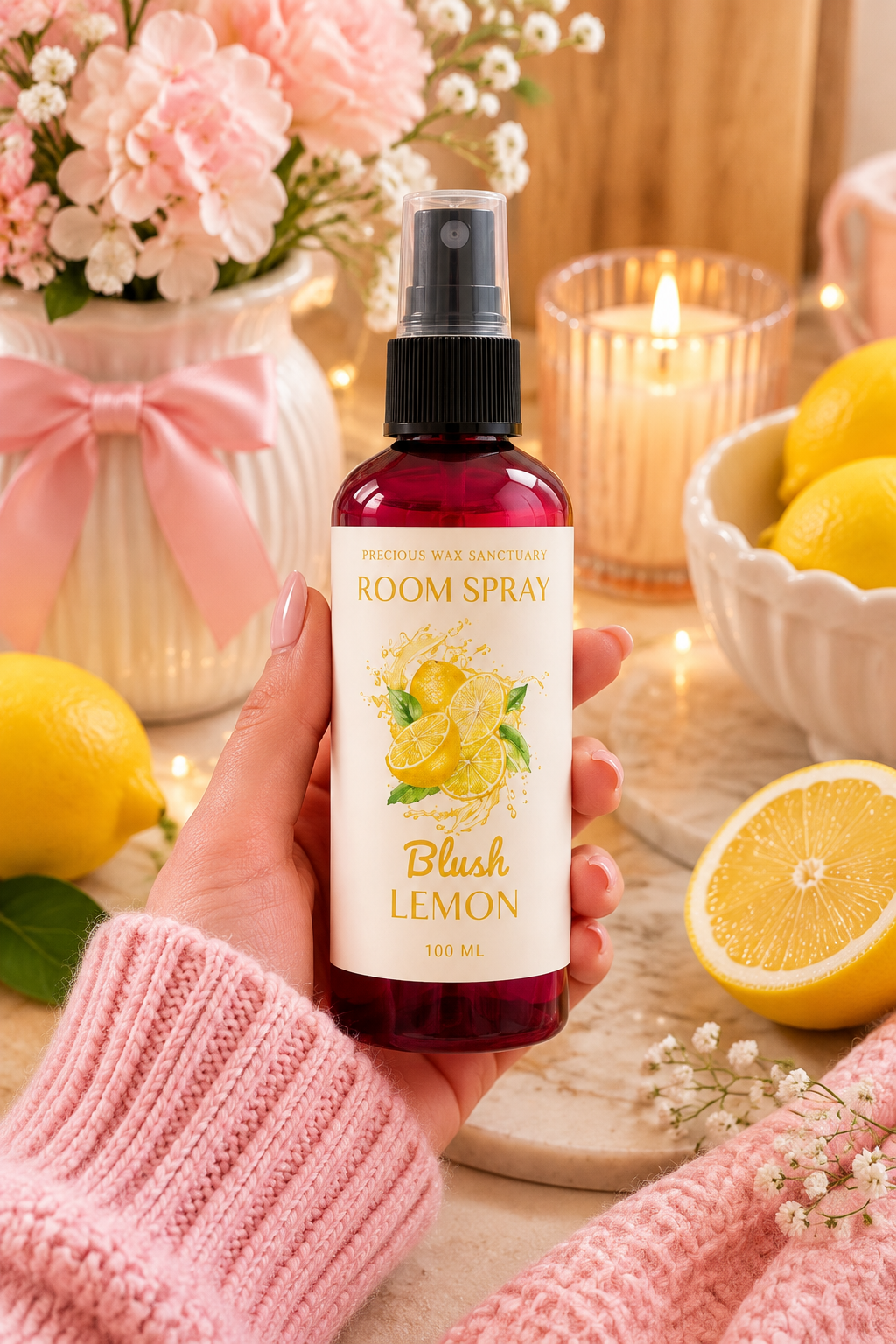 Blush lemon room spray in hand with matching decor.