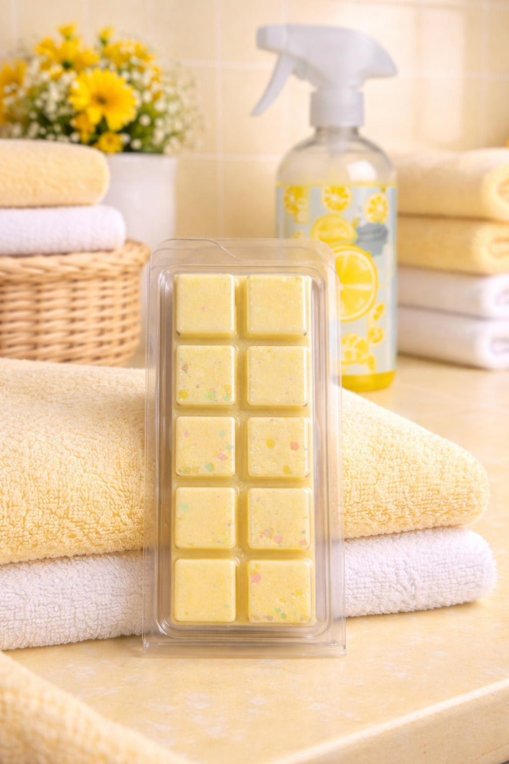 Packaged yellow wax melts with a cleaning spray bottle and towels in the background