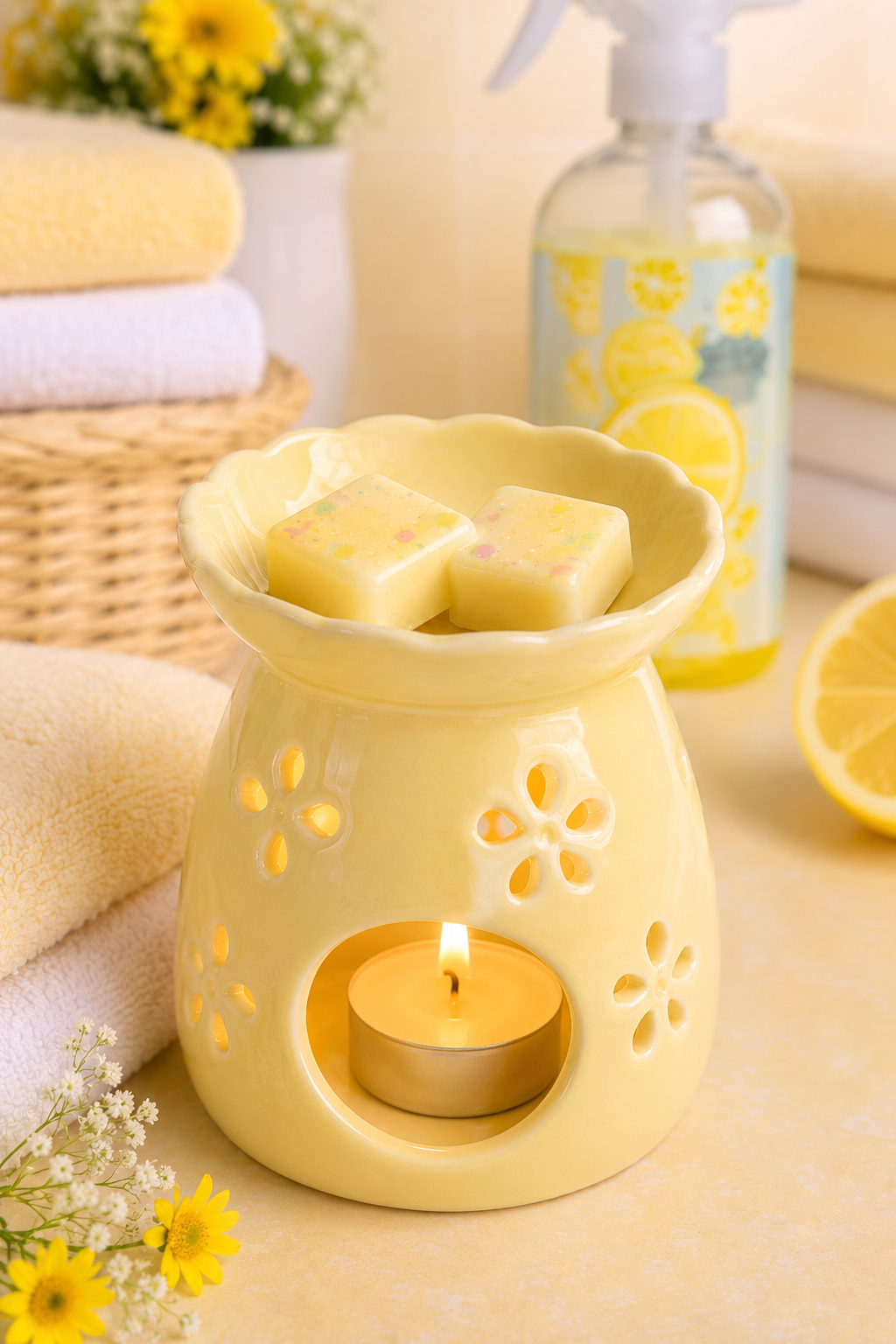 blush lemon wax melts in yellow burner in yellow laundry room.