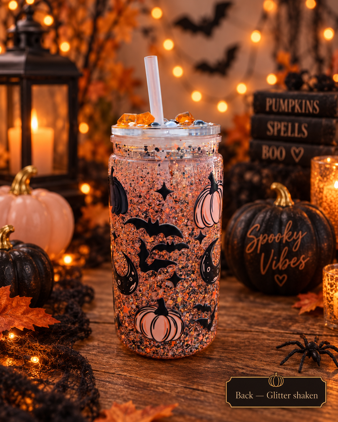 A glittery Halloween-themed tumbler cup with black bat and pumpkin designs, filled with orange-brown glitter and topped with a clear straw, set in a cozy autumnal tabletop scene with candles, pumpkins, and warm string lights.