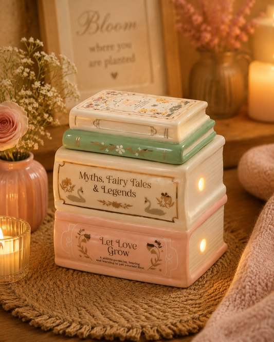 Pastel book stack oil and wax melter burner