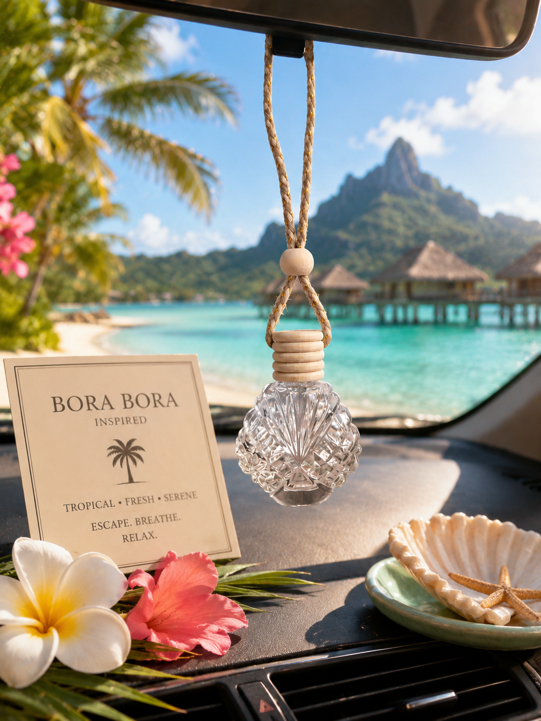 Car air freshener with 'Bora Bora' theme in front of a scenic view of Bora Bora.