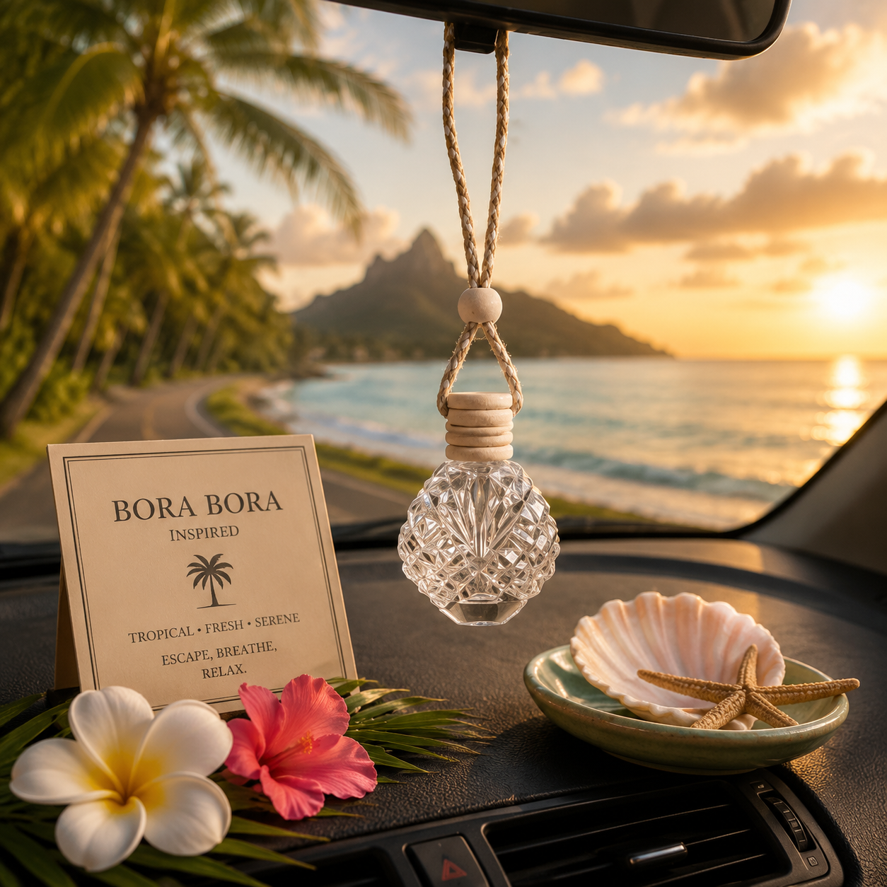 A car air freshener diffuser bottle hanging in the rearview mirror on a dashboard, styled with tropical flowers, a seashell dish, and a BORA BORA card, with a sunset ocean view in the background.