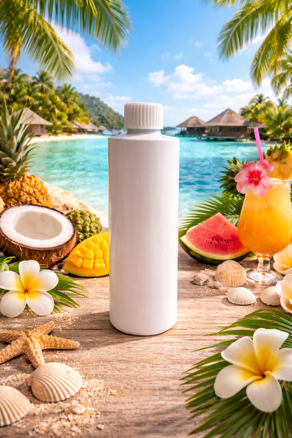 Reed diffuser refill White bottle on a tropical setting with fruits and a drink.
