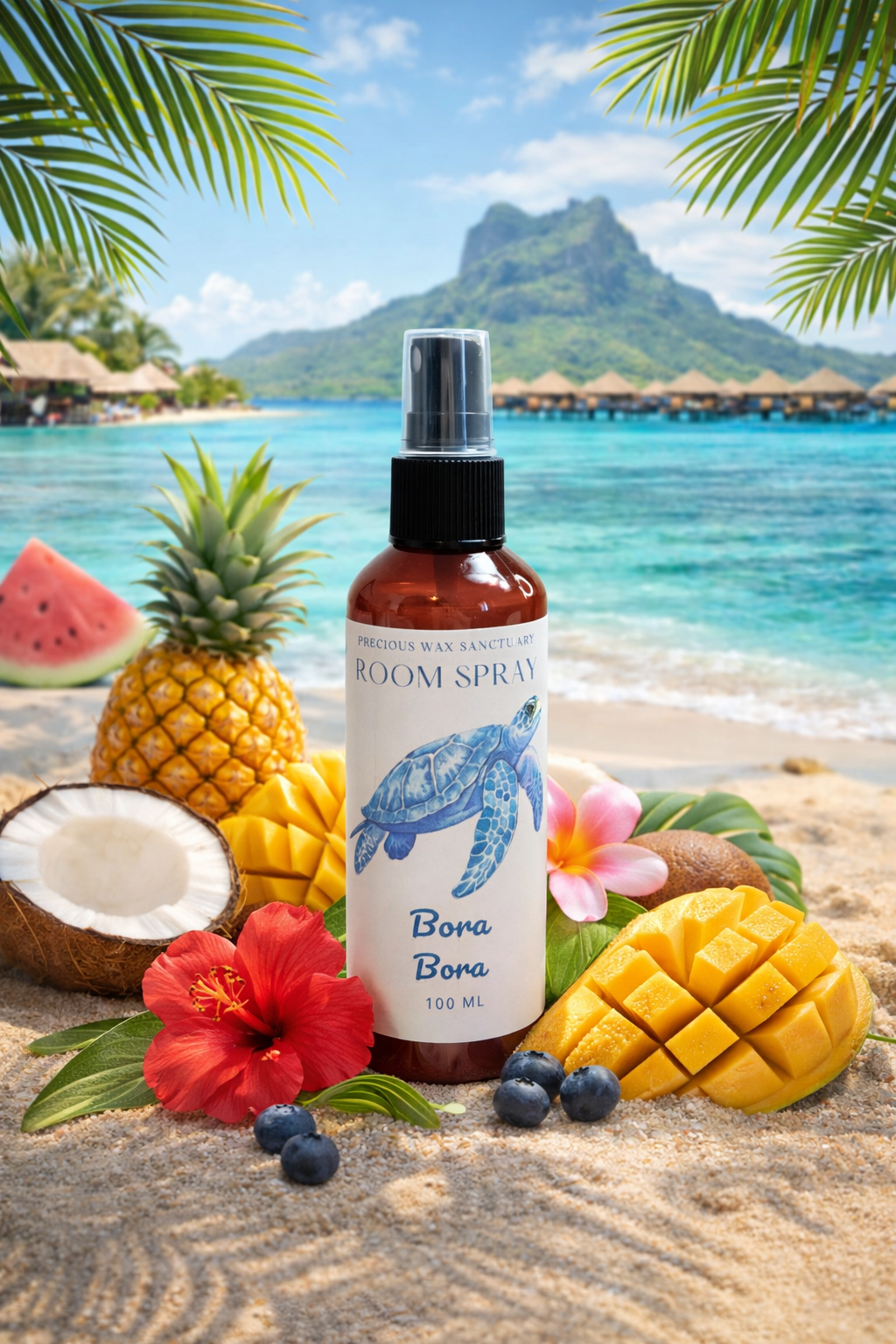 Room spray bottle labeled 'Bora Bora' with tropical fruits and flowers on a beach background