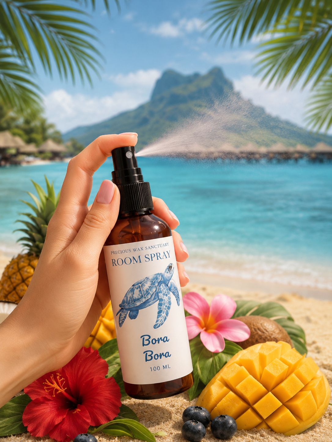 A hand holds a brown amber room spray bottle labeled 'Bora Bora' with a blue turtle illustration, set against a tropical beach backdrop with palm leaves, blue water, and beach accessories like a pineapple, hibiscus flowers, a mango, and blueberries.