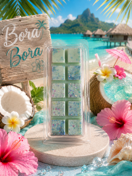 wax melt with tropical scenery and 'Bora Bora' sign