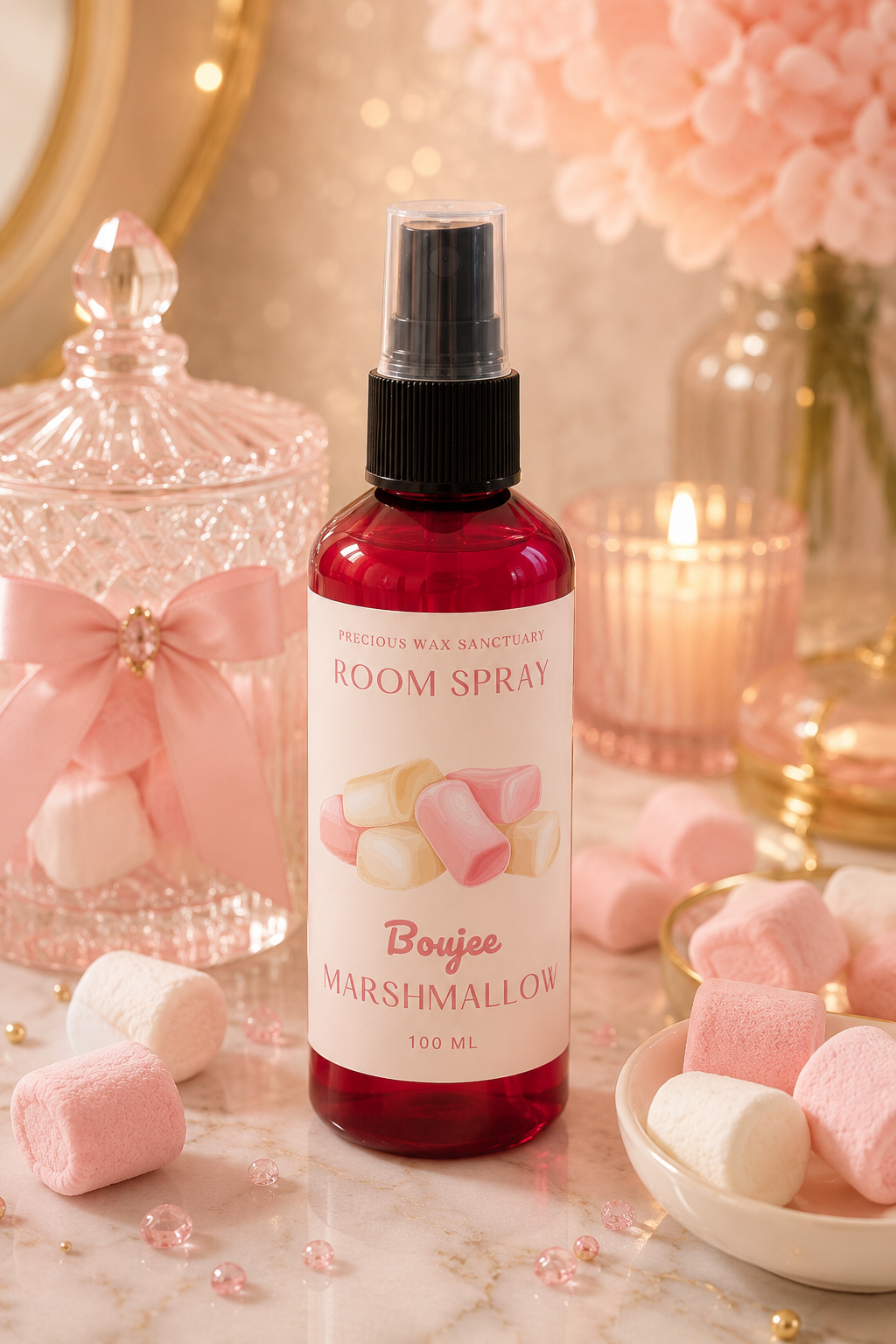 A bottle of room spray from Pretty Wax Sanctuary, scented with Boujee Marshmallow, displayed on a marble surface surrounded by pink marshmallows, a glass jar, and a lit candle.