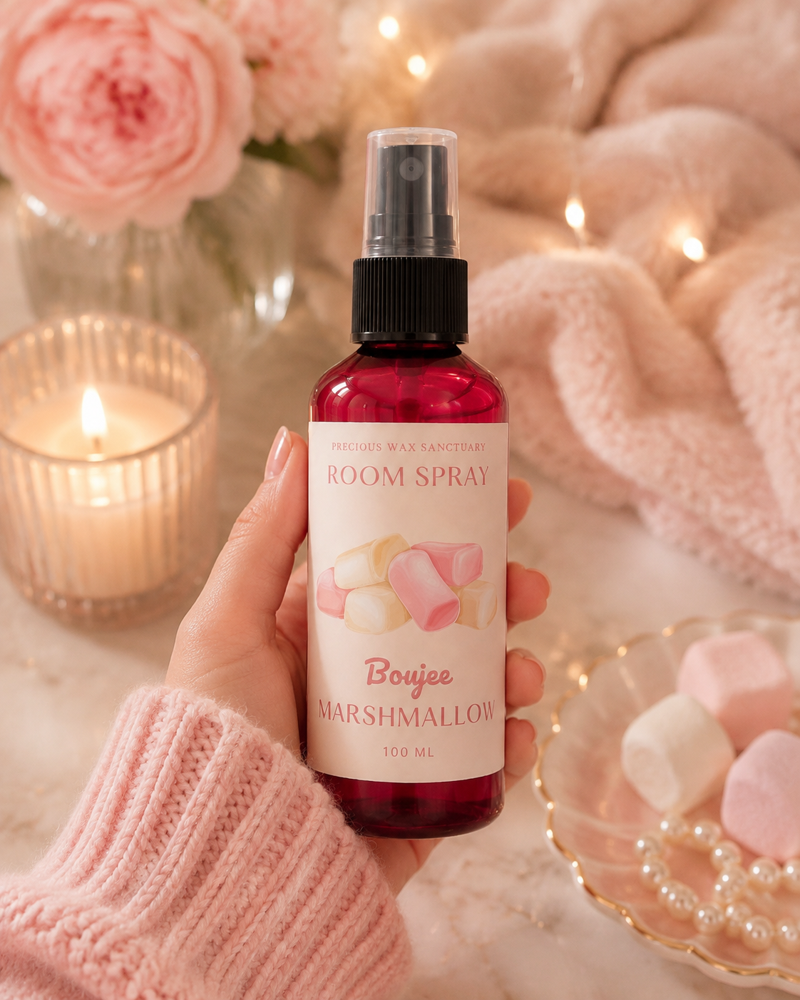 A hand wearing a pink knit sweater holds a bottle of Room Spray in a cozy, warm setting with a lit candle, pink roses, and marshmallows.
