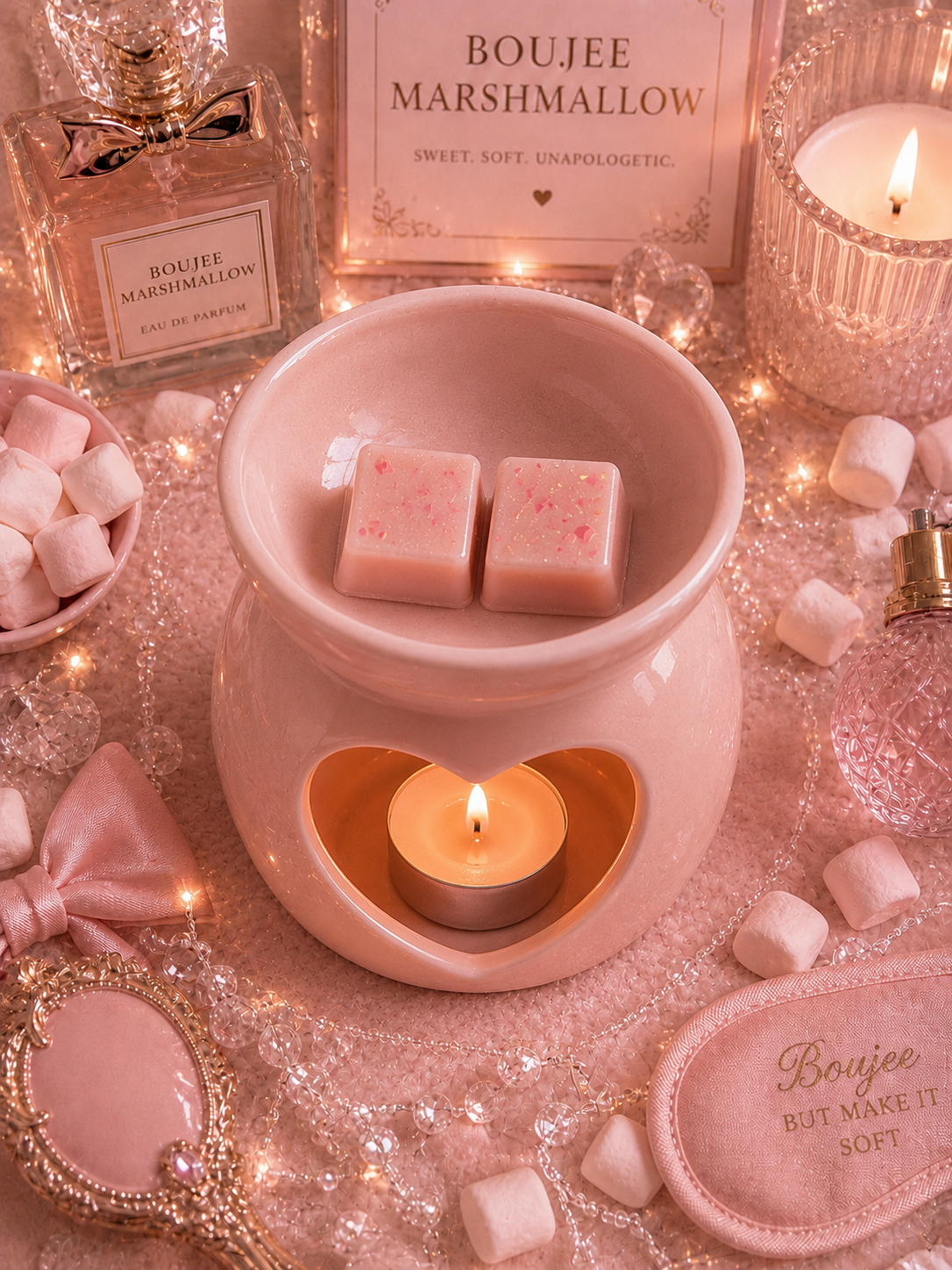 Pink wax melter with wax melts with candles and marshmallows on a decorative surface with 'Boujee Marshmallow' branding.